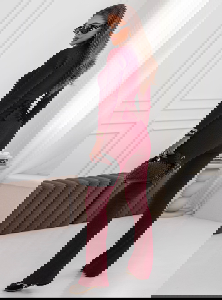 Bordowy prążkowany komplet bluzka z...