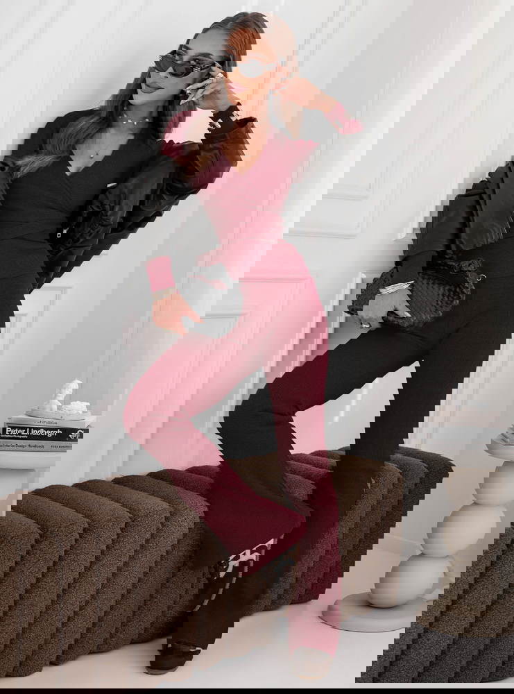 Bordowy prążkowany komplet bluzka z...