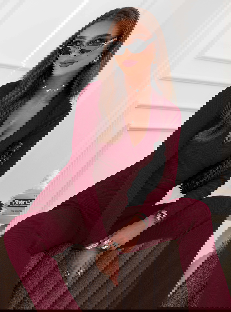 Bordowy prążkowany komplet bluzka z...