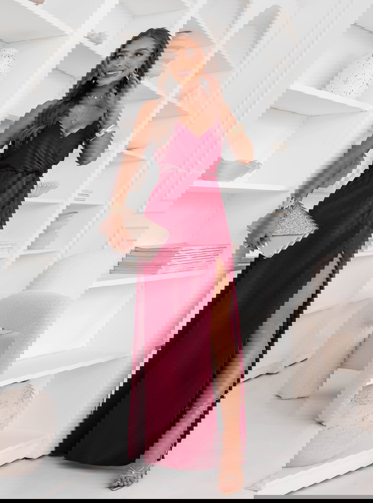 Bordowa sukienka satynowa maxi na...