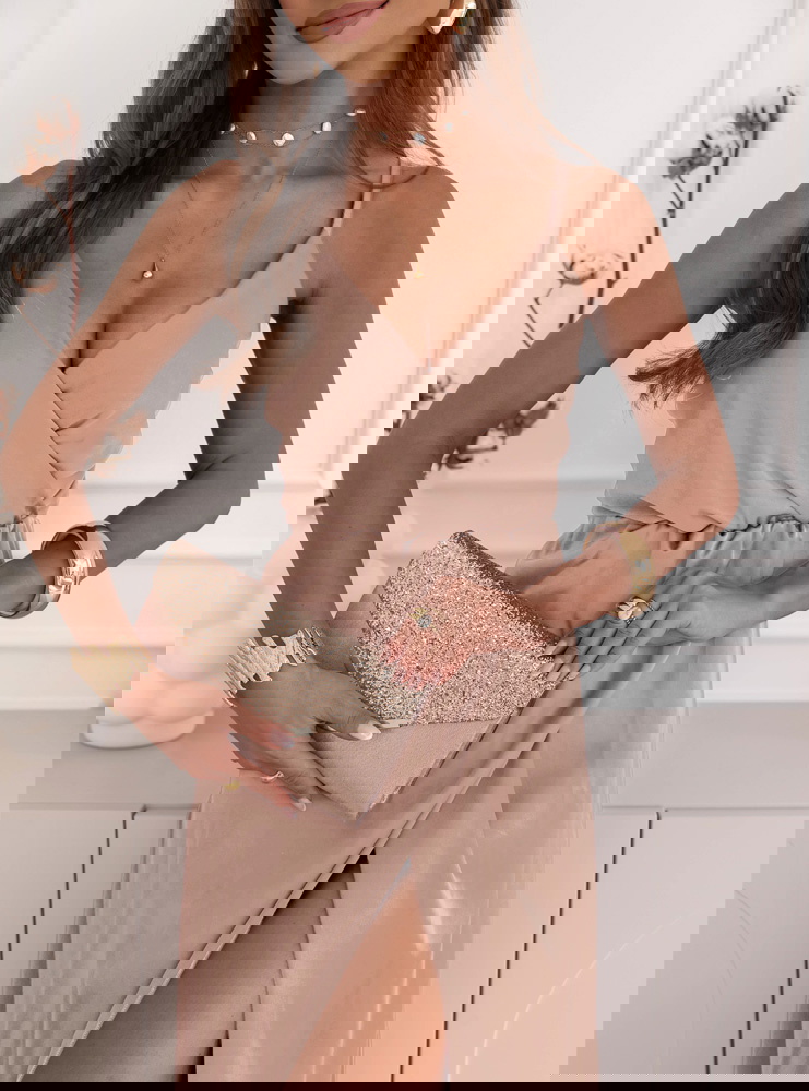 Beżowa sukienka satynowa maxi na...