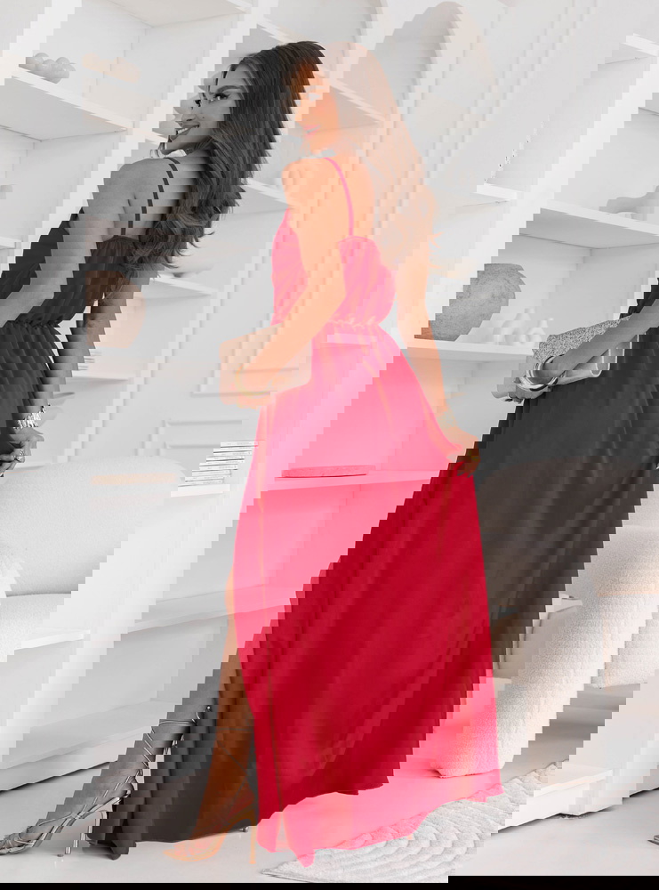 Malinowa sukienka satynowa maxi na...