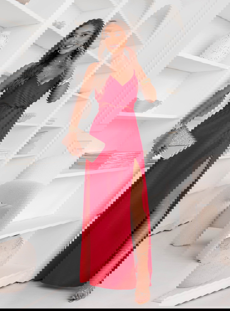 Malinowa sukienka satynowa maxi na...