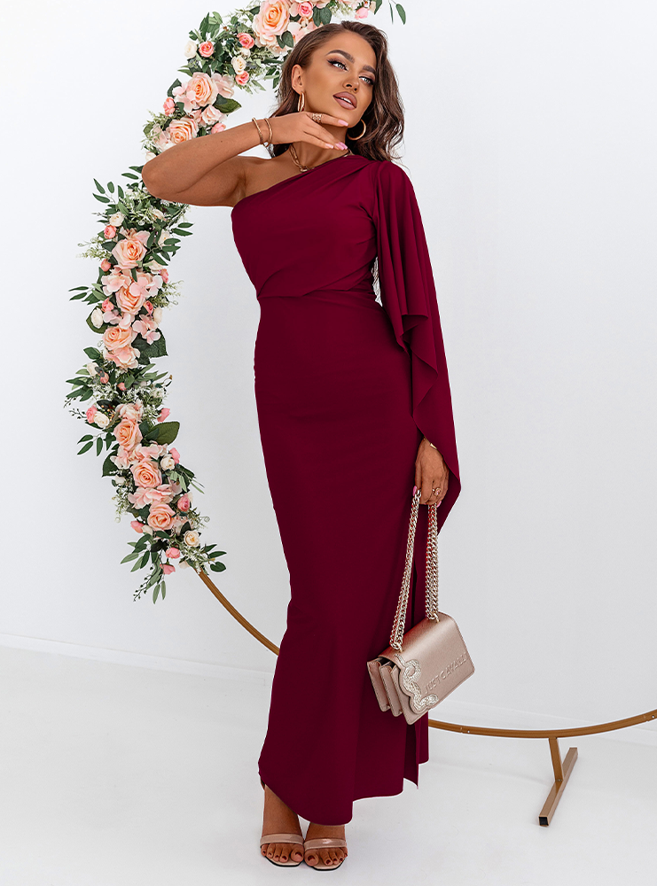 Bordowa sukienka na jedno ramię z...