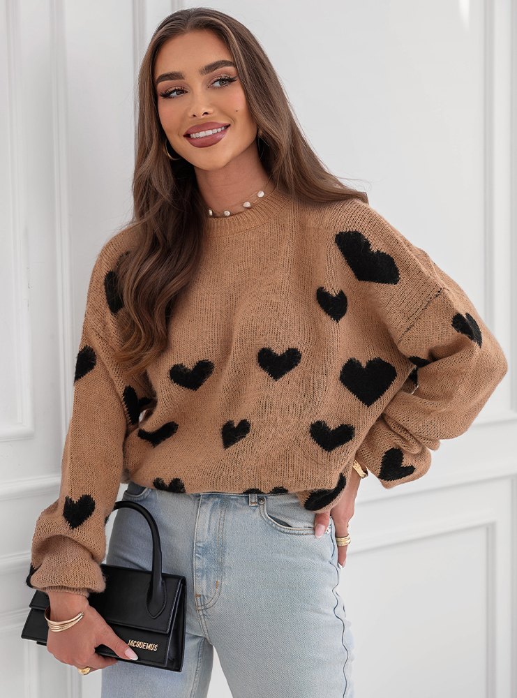Sweter w serduszka Neffe - mocha mousse