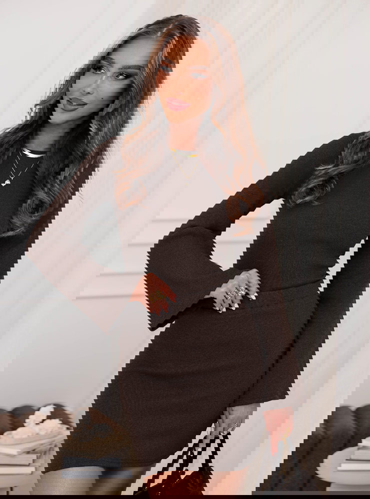 Czekoladowy prążkowany komplet bluzka i spódniczka Jennyver