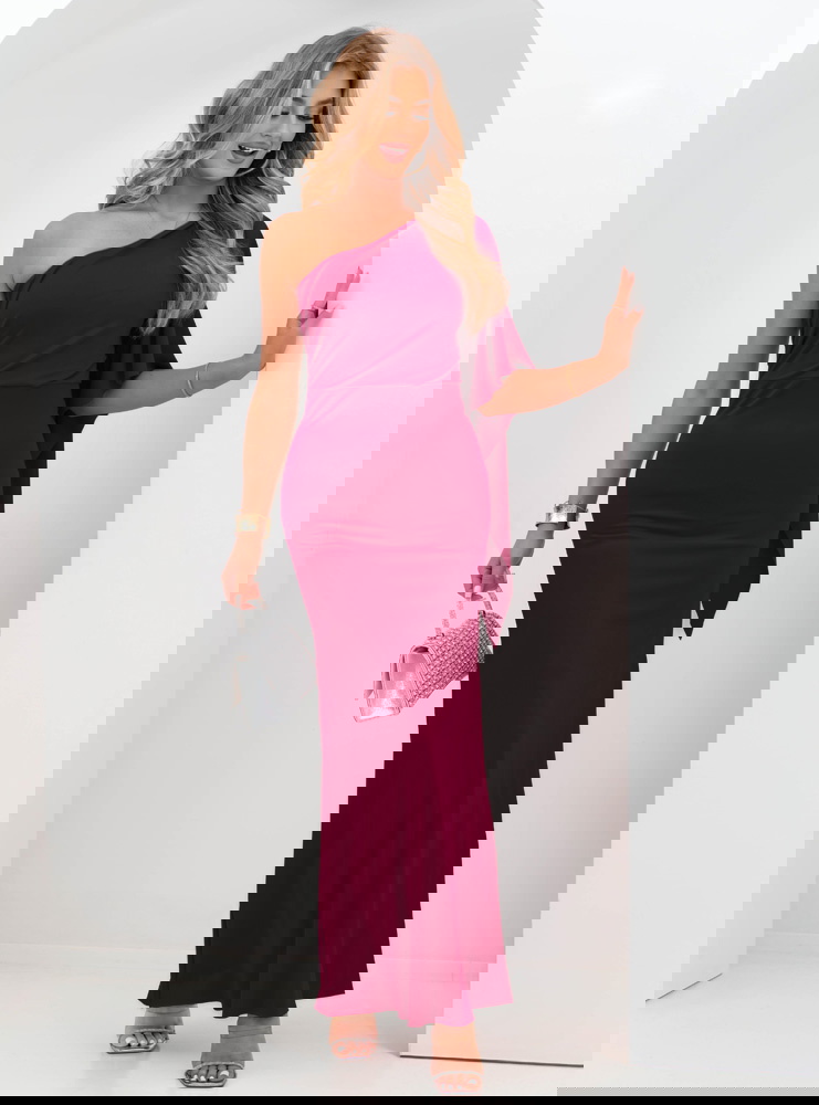 Bordowa sukienka na jedno ramię z...