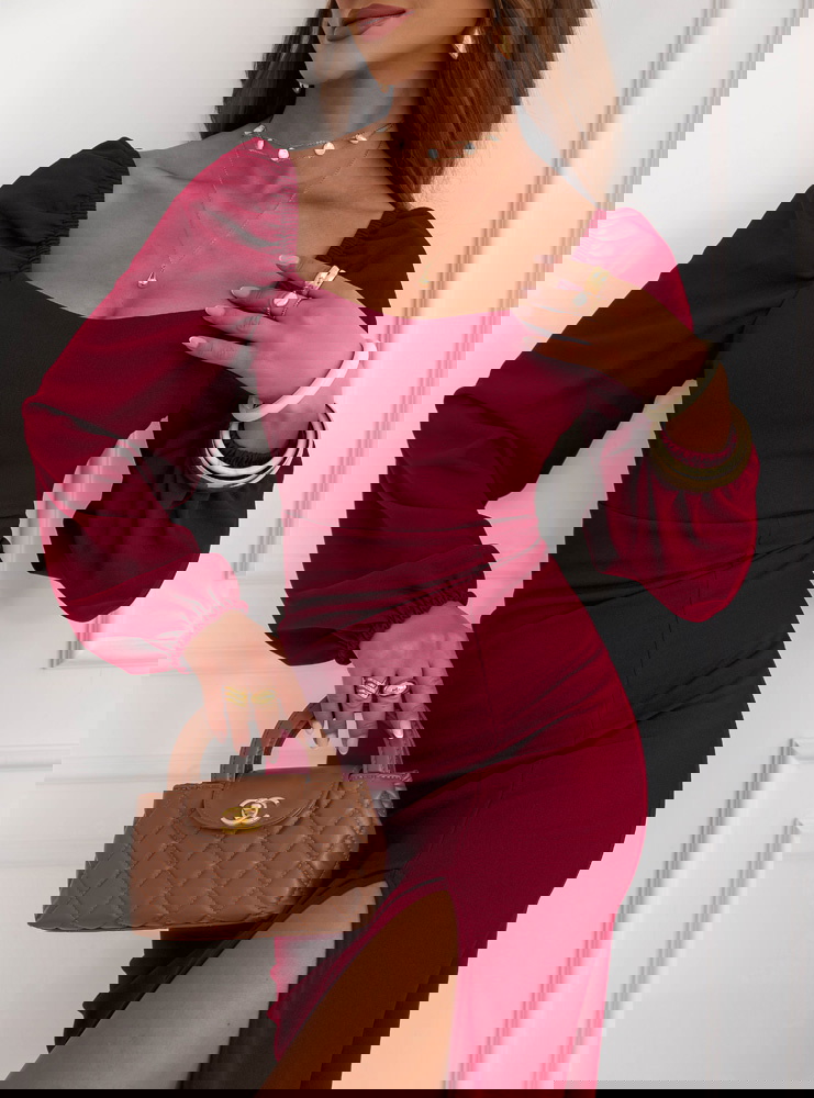 Bordowa sukienka z rozcięciem Cathey