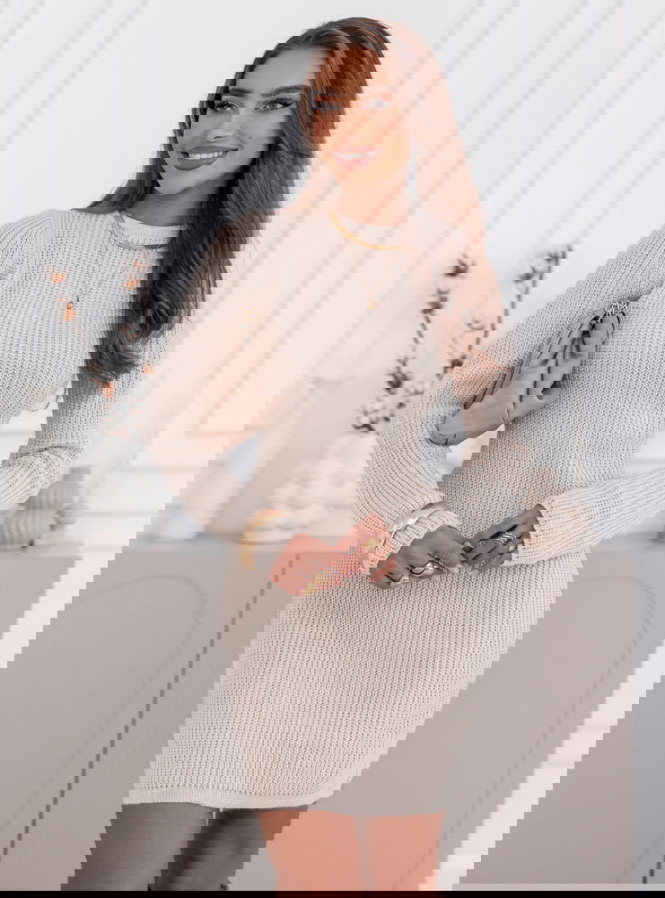 Beżowa sukienka swetrowa z wiązaniem...