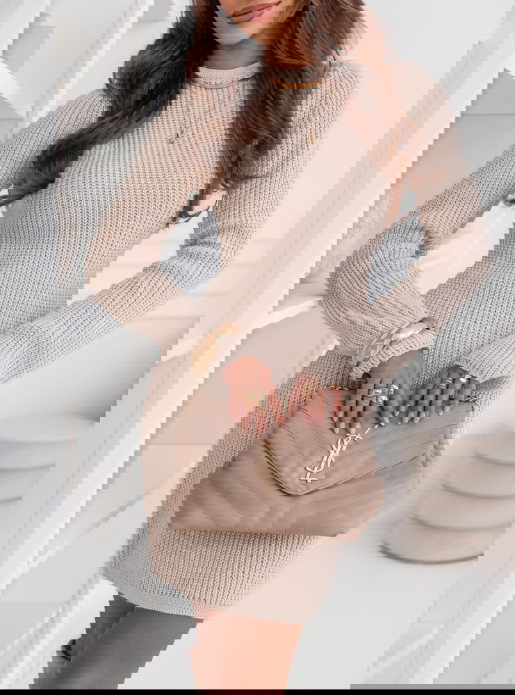 Beżowa sukienka swetrowa z wiązaniem...