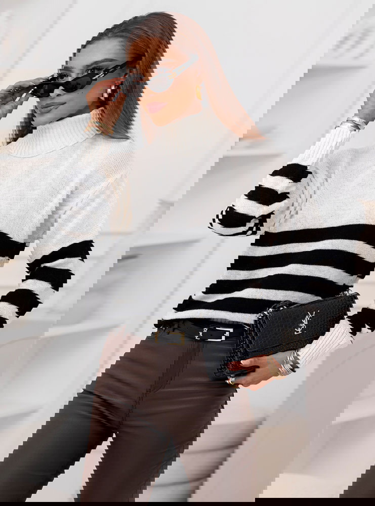 Sweter z golfem w paski Yousra - ecru