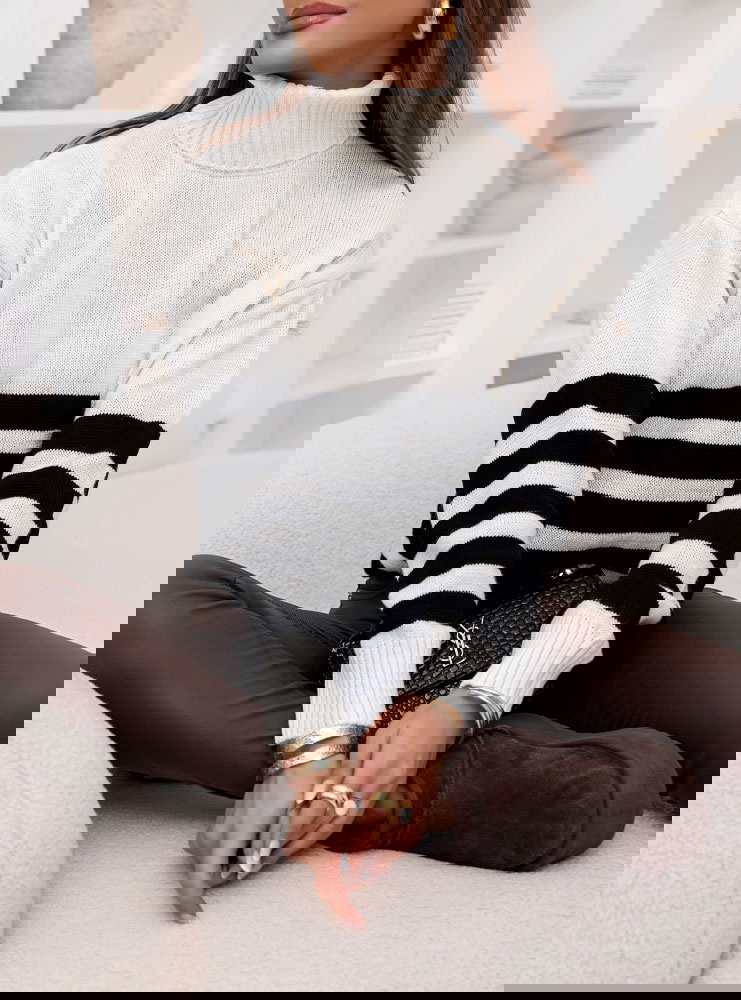Sweter z golfem w paski Yousra - ecru