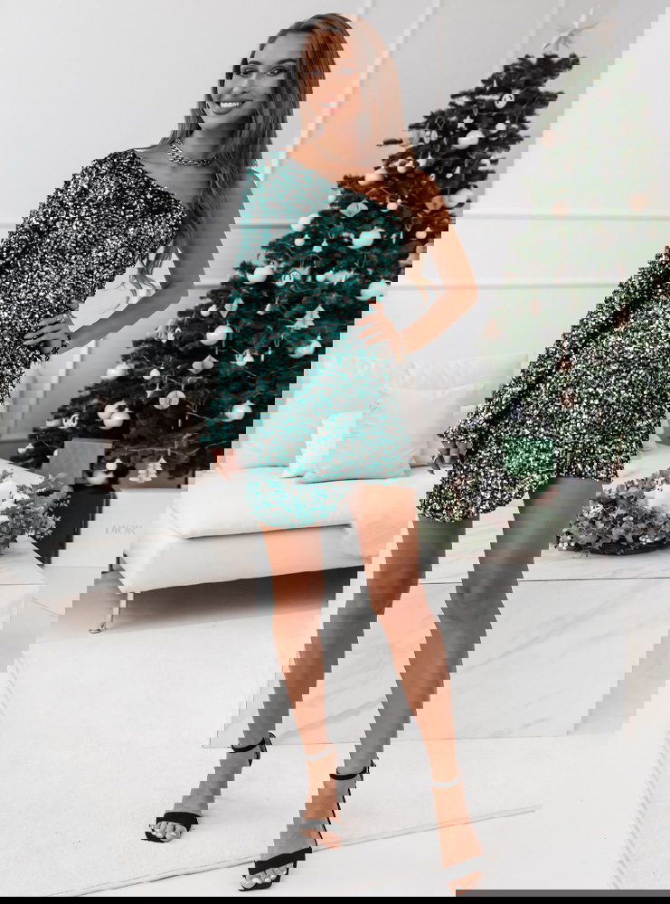 Turkusowa cekinowa sukienka na jedno...