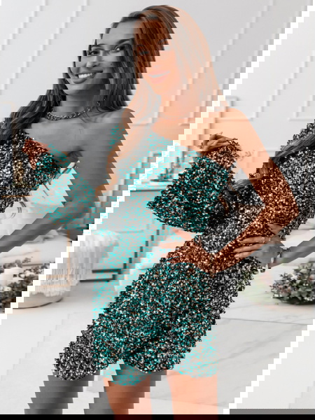 Turkusowa cekinowa sukienka... 2