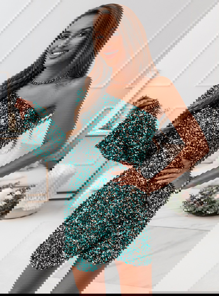 Turkusowa cekinowa sukienka na jedno...