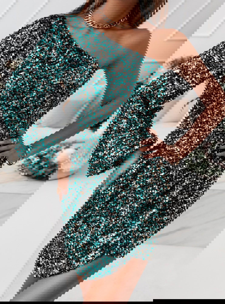 Turkusowa cekinowa sukienka na jedno...