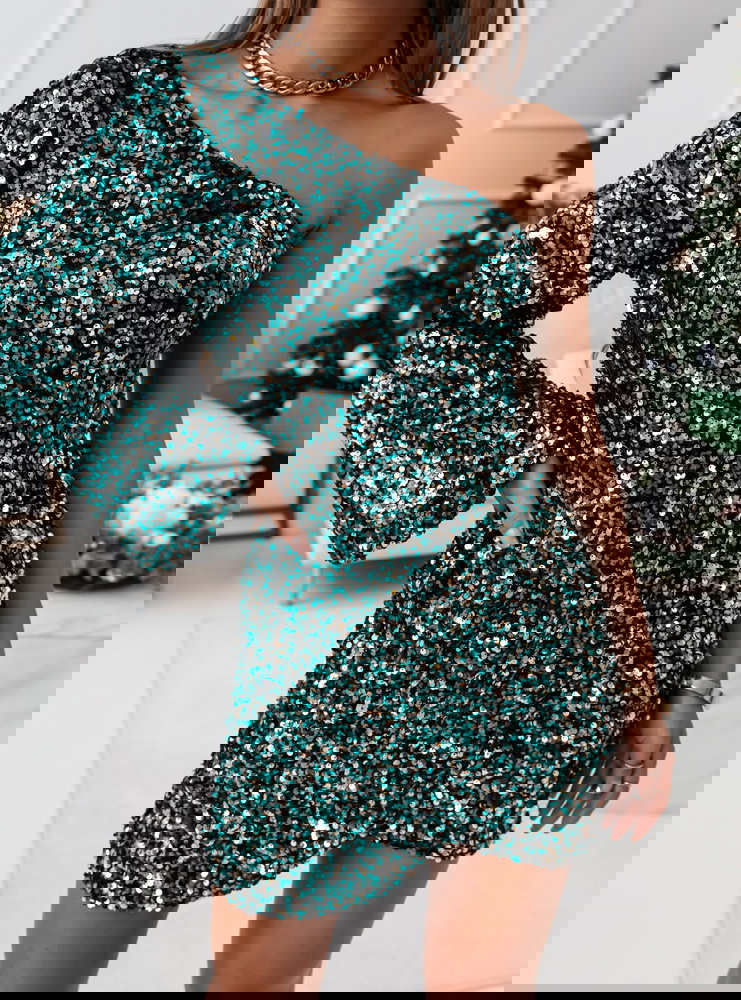 Turkusowa cekinowa sukienka na jedno ramię Kaelie