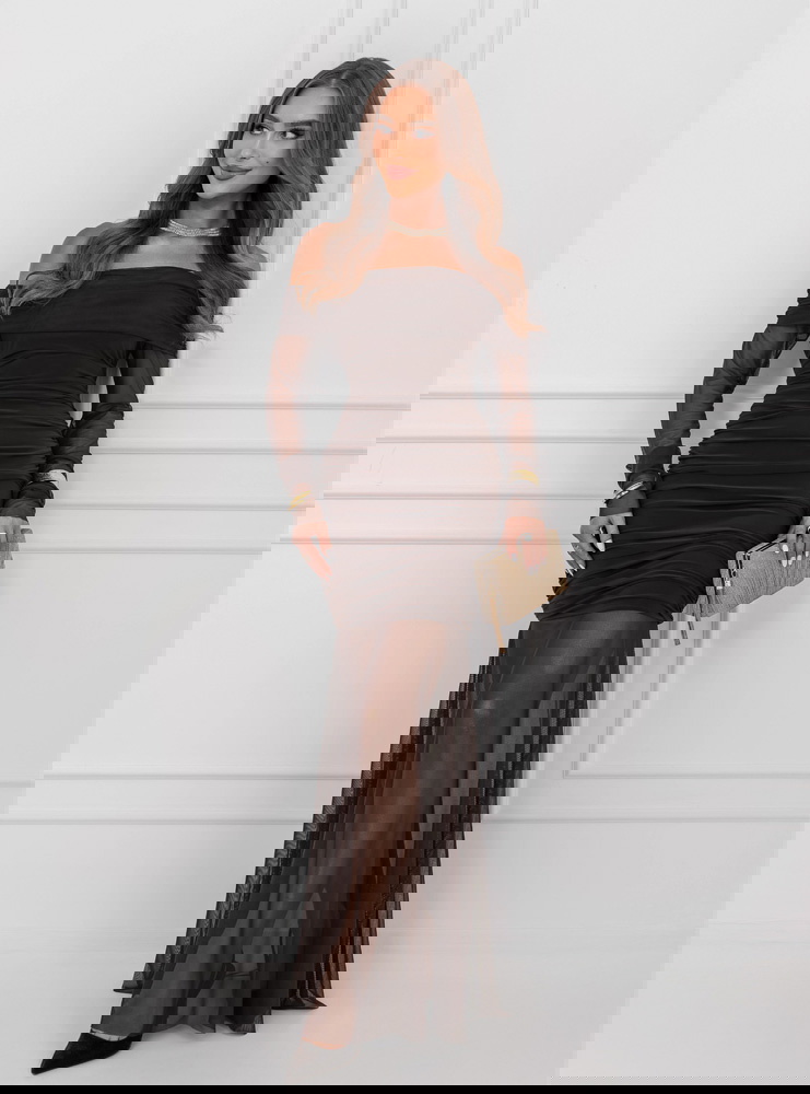 Czekoladowa sukienka typu hiszpanka z tiulowymi wstawkami Joyanne