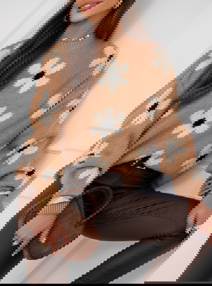 Sweter w kwiaty Dalya - mocha mousse