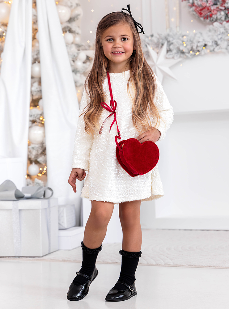 Biała cekinowa świąteczna sukienka dziewczęca z kokardą Ritsie