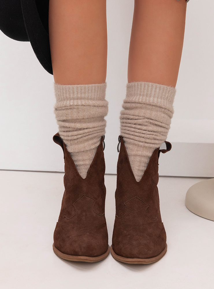 Beżowe prążkowane podkolanówki Fluffy