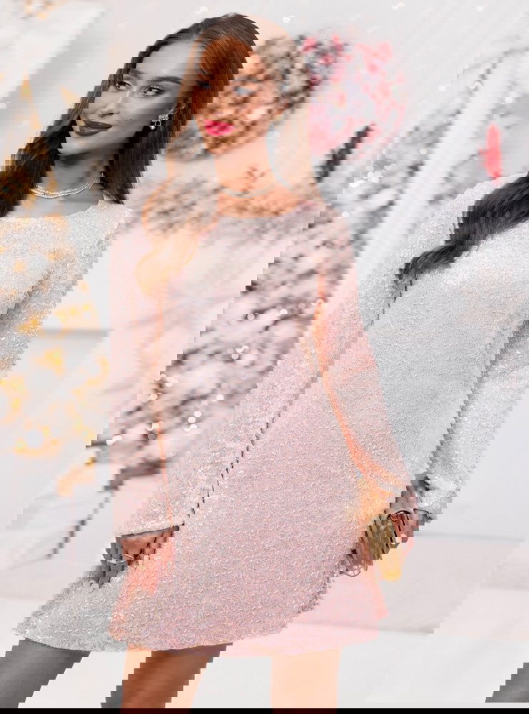 Pudrowa cekinowa sukienka mini na...