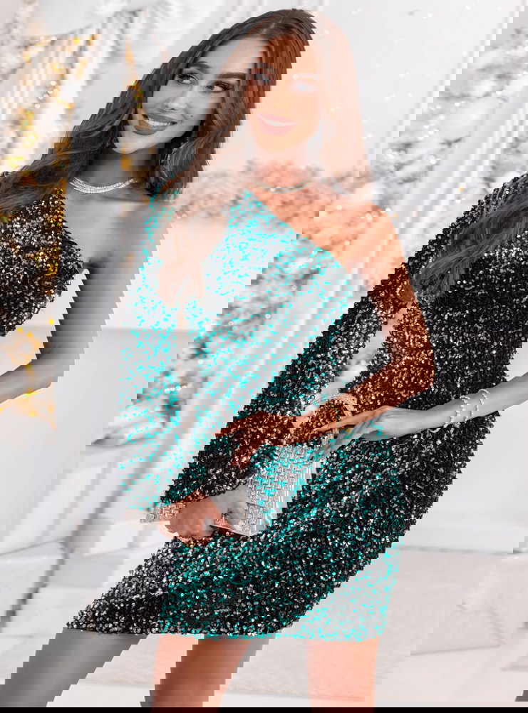 Turkusowa cekinowa sukienka świąteczna na jedno ramię Chelsee