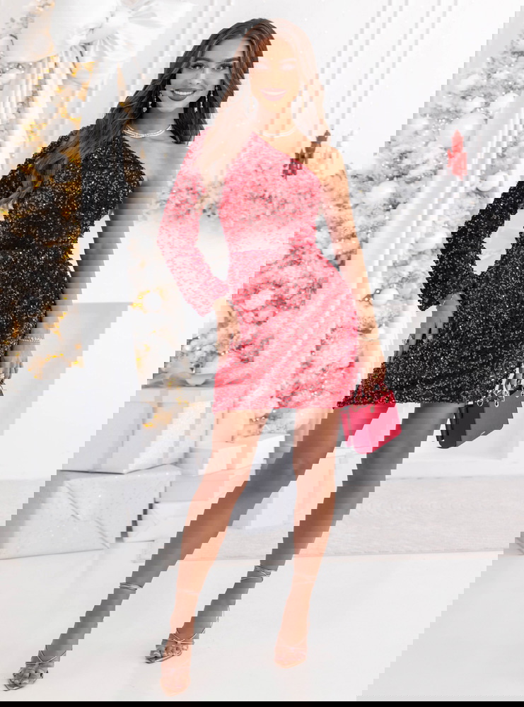 Malinowa cekinowa sukienka świąteczna...