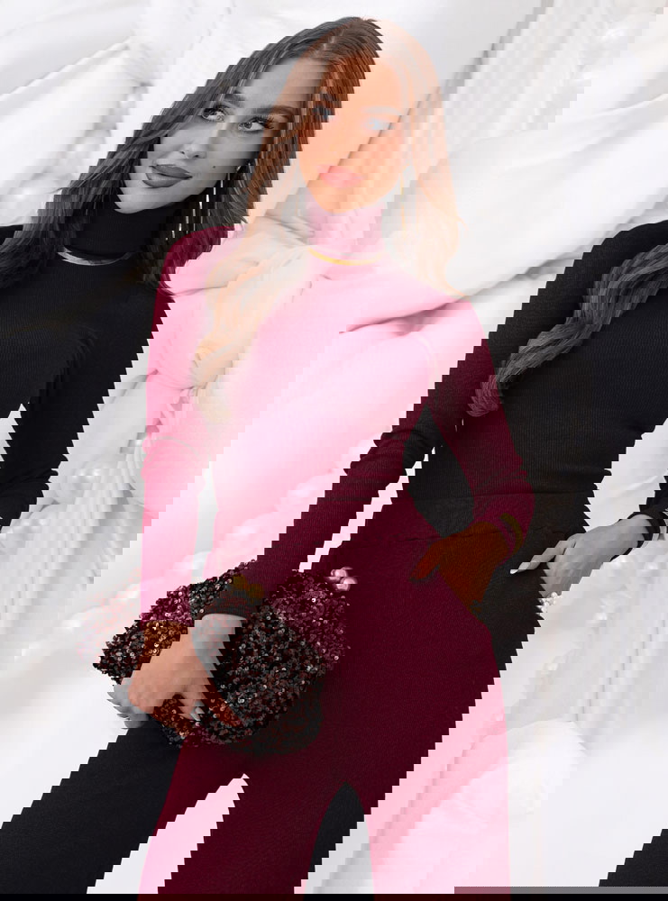 Bordowy prążkowany komplet bluzka z...