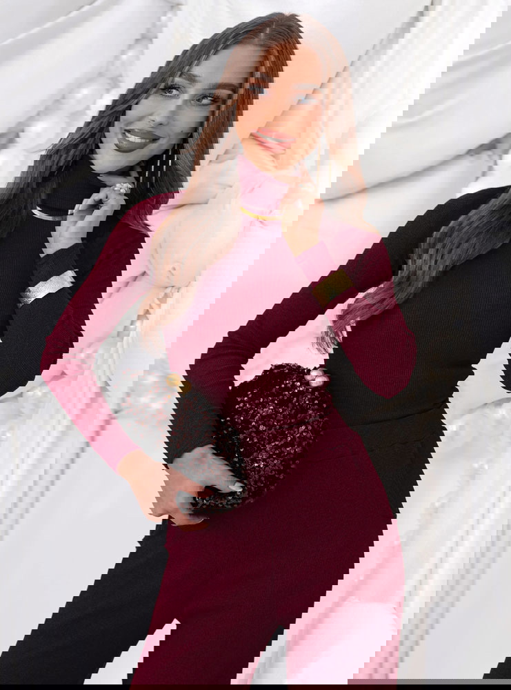 Bordowy prążkowany komplet bluzka z...