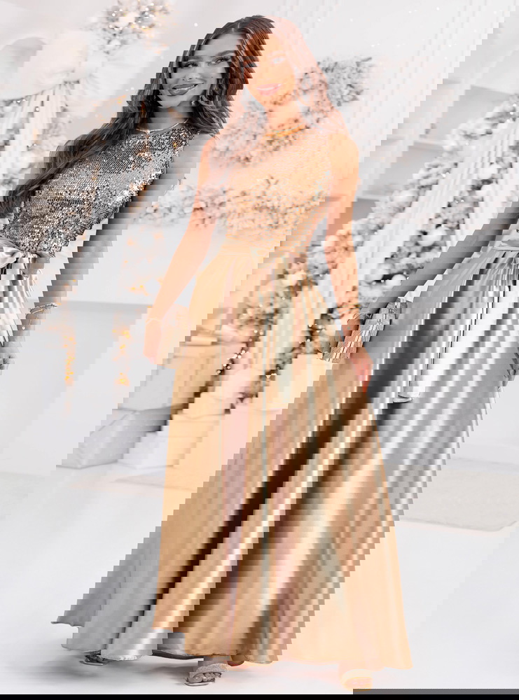 Złota długa satynowa sukienka na...