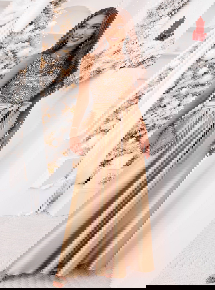 Złota długa satynowa sukienka na...