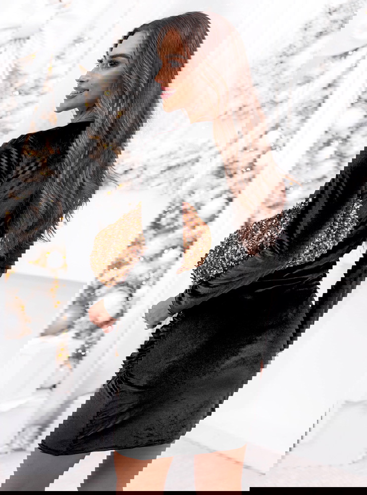 Czarna welurowa świąteczna sukienka z...