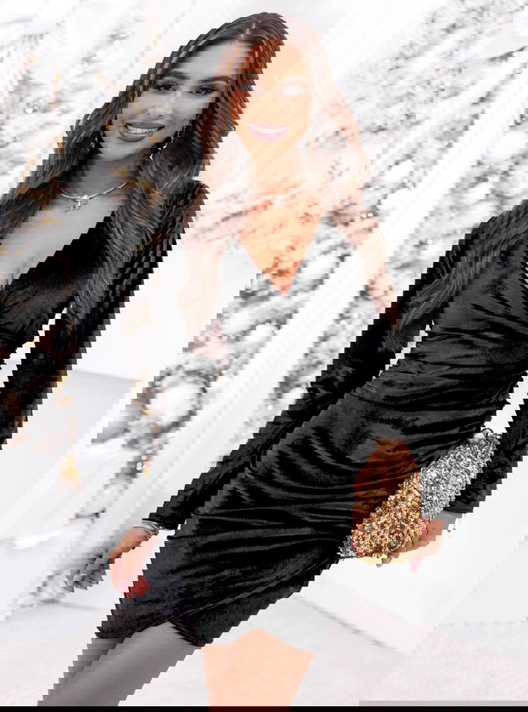 Czarna welurowa świąteczna sukienka z...