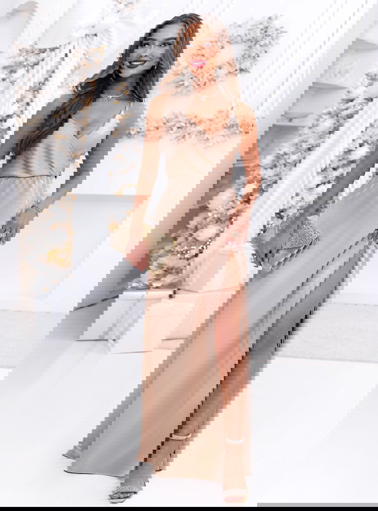 Beżowa świąteczna sukienka satynowa...