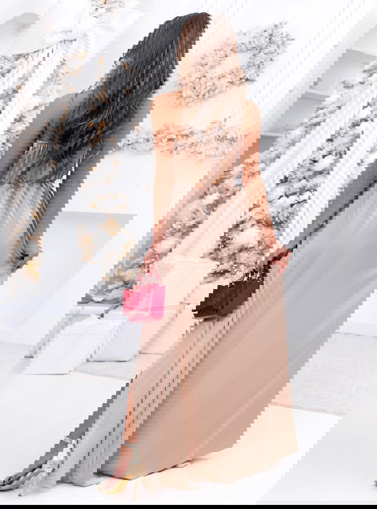 Beżowa świąteczna sukienka satynowa...