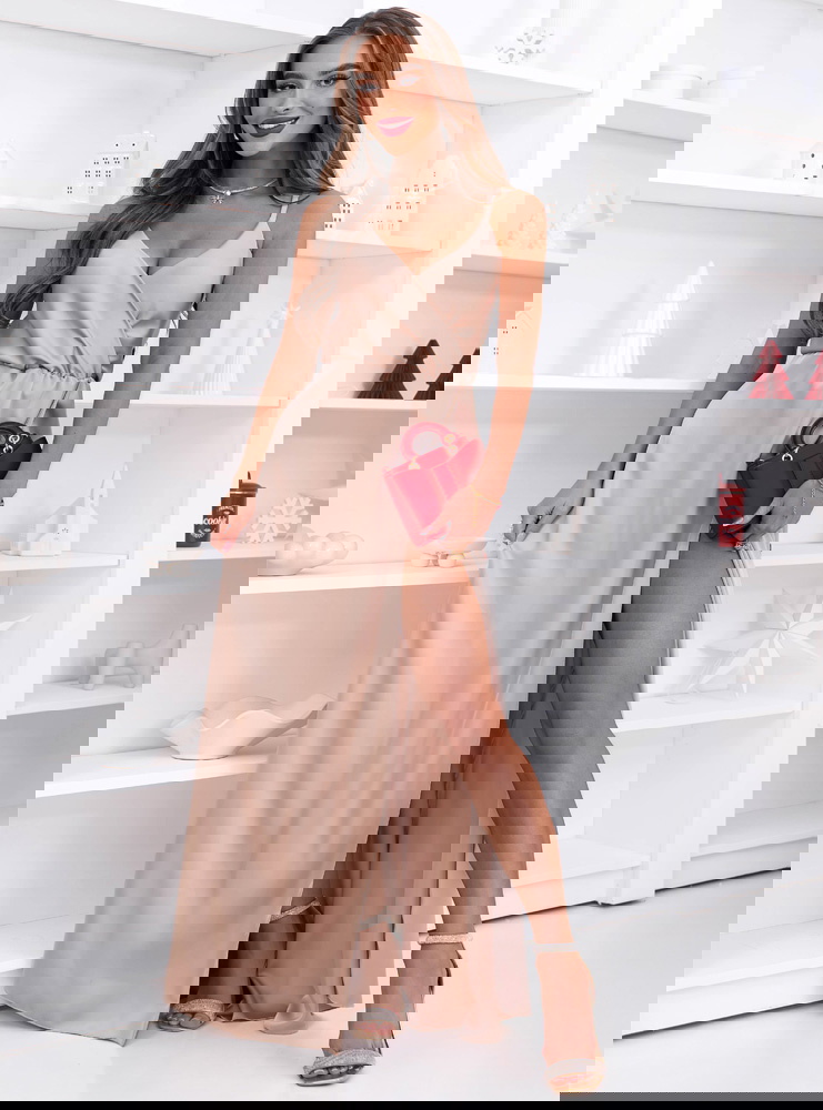 Beżowa świąteczna sukienka satynowa...