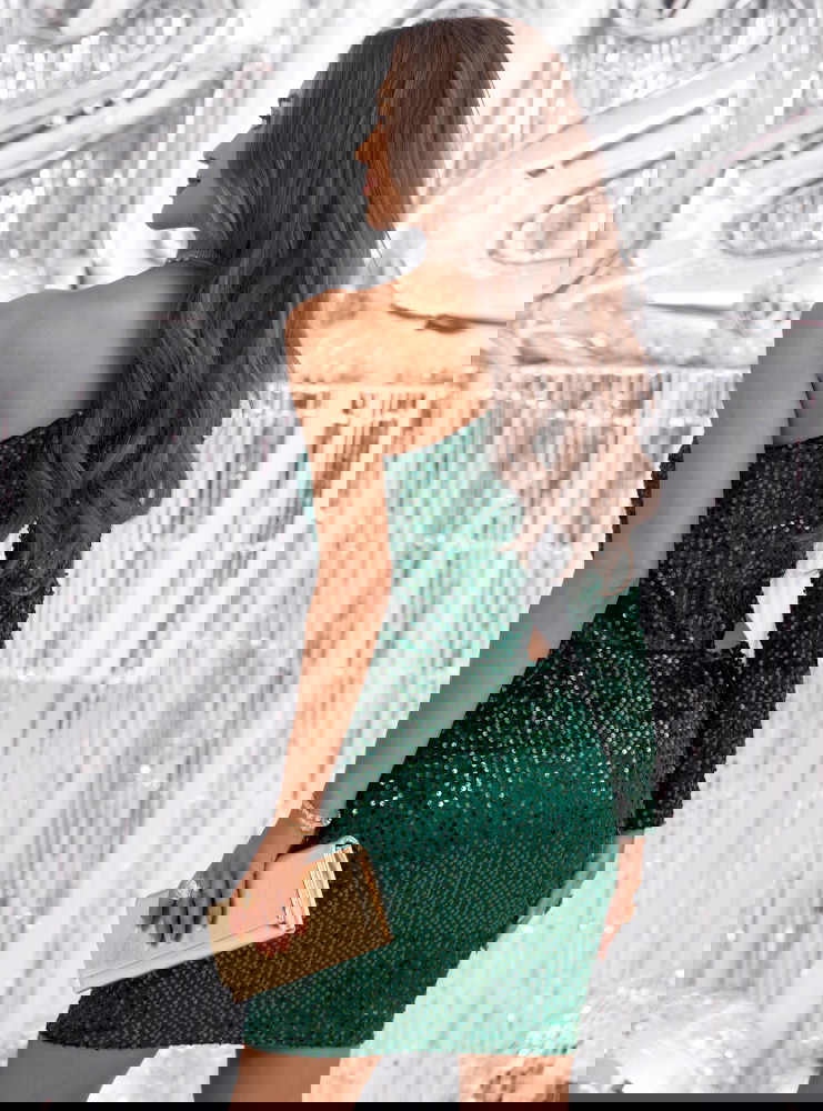 Cekinowa sukienka mini na jedno ramie...