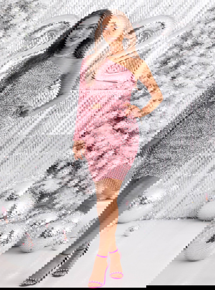 Cekinowa sukienka mini na jedno ramie...