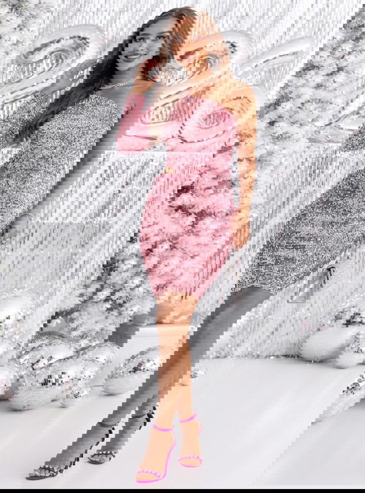 Cekinowa sukienka mini na jedno ramie...