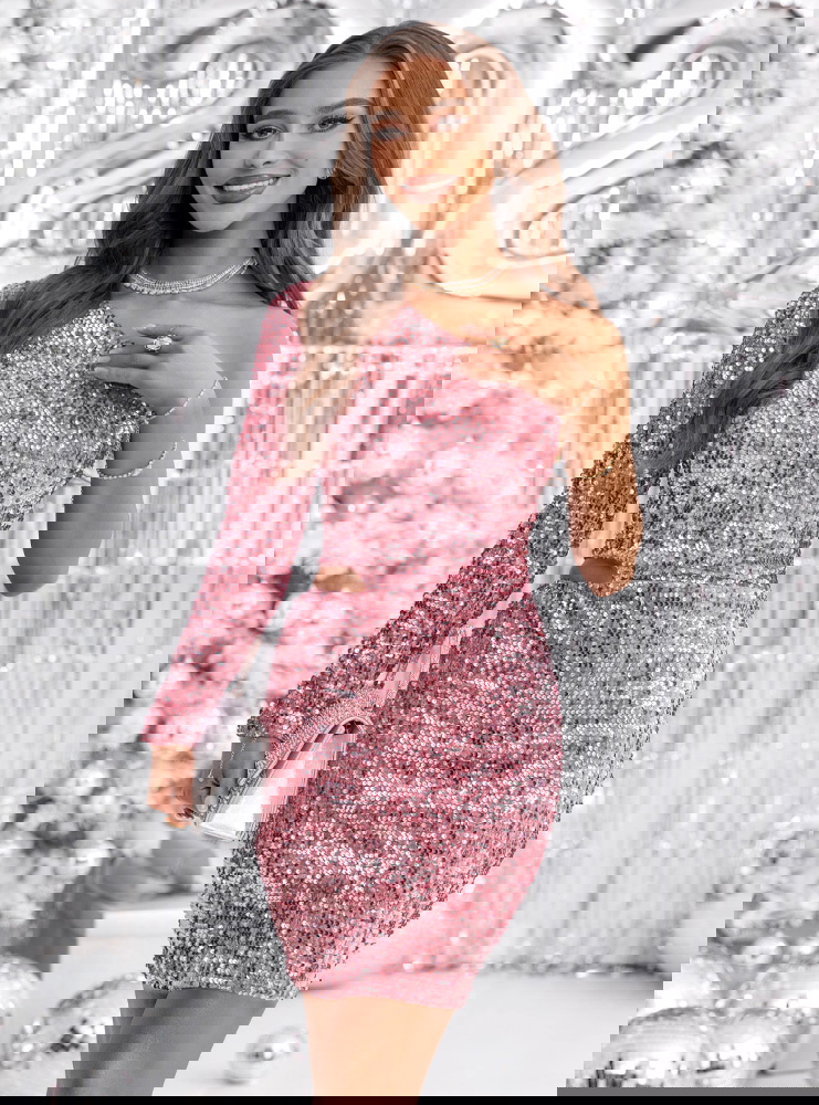 Cekinowa sukienka mini na jedno ramie...