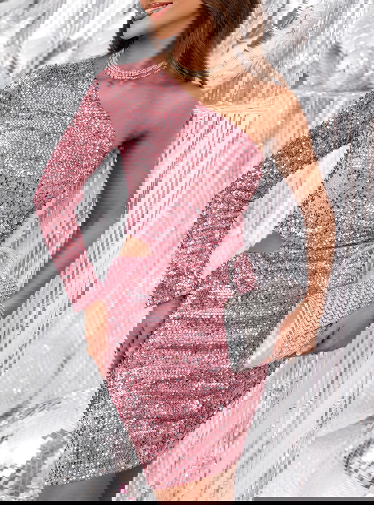 Cekinowa sukienka mini na jedno ramie...