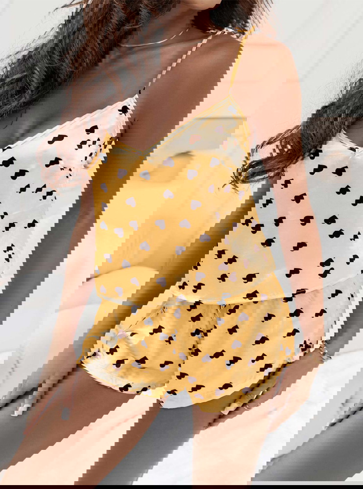 Złota satynowa piżama w serca z...