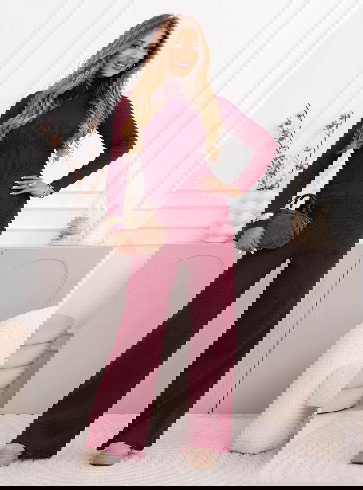 Bordowy prążkowany komplet bluzka z...