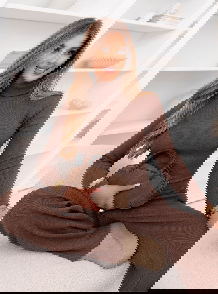 Prążkowany komplet bluzka z golfem i...