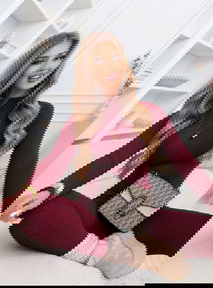 Bordowy prążkowany komplet bluzka z...