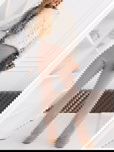 Beżowe prążkowane spodnie z...