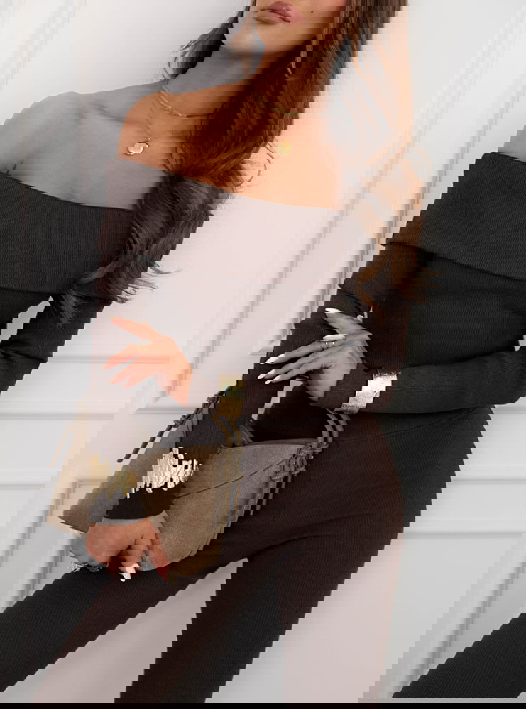 Czekoladowy prążkowany komplet bluzka...