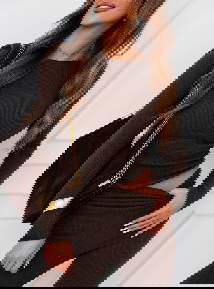 Czekoladowy prążkowany komplet bluzka...