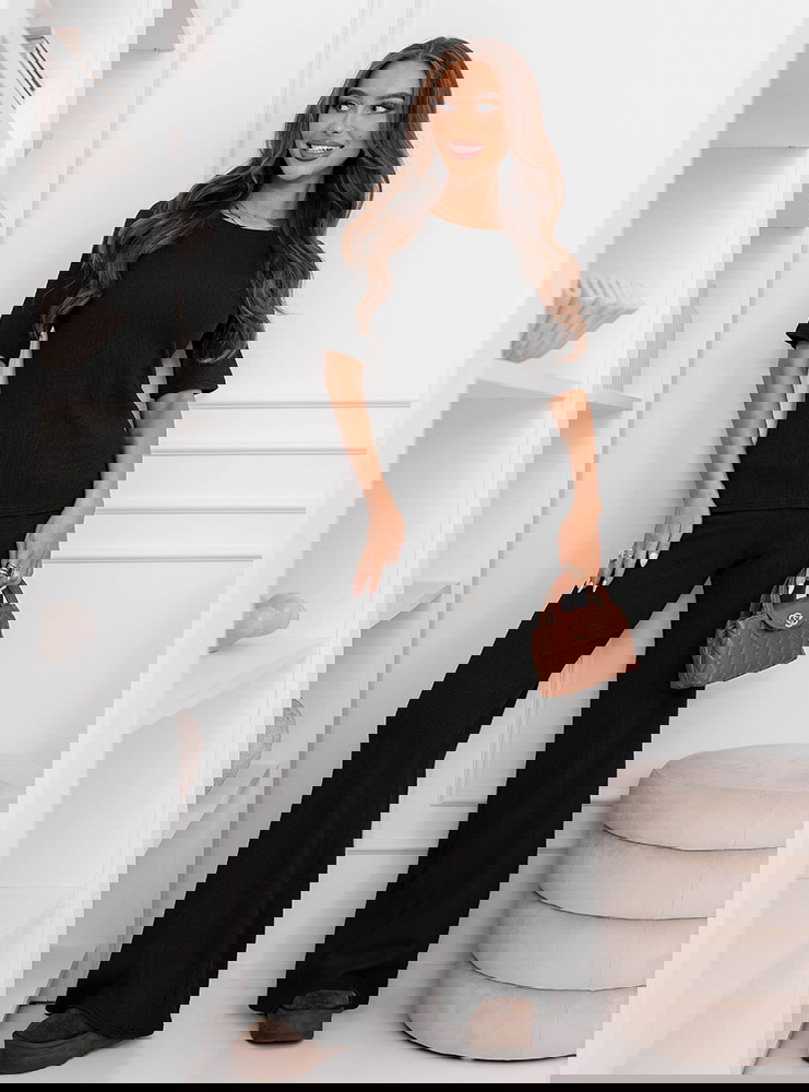 Czarny prążkowany komplet bluzka z...